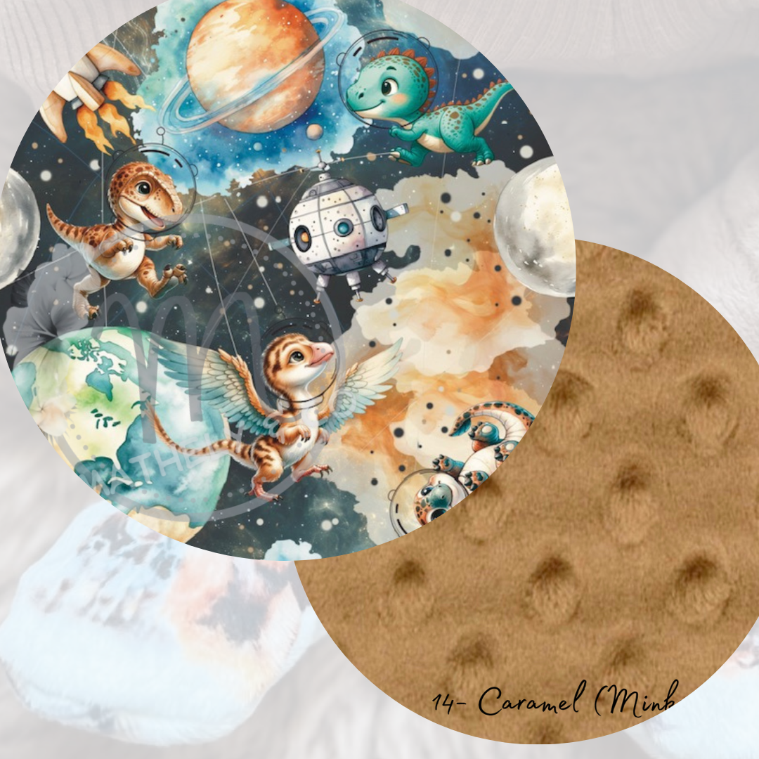 Couverture en Minky « Space dinos 🦖🪐/ bulles caramel"