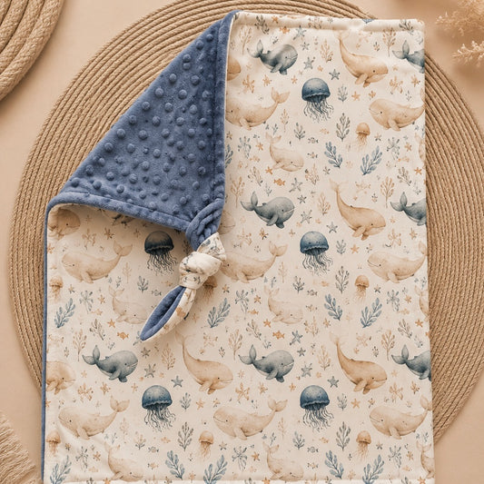 Mini doudou «Échos marins/ bulles denim »