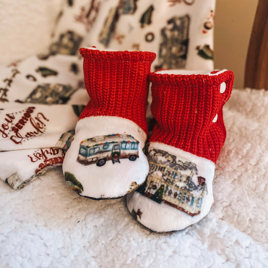 Pantoufles douces et chaudes "Y'a des boules dans le sapin/tricot rouge" 3-5 jrs ouv.
