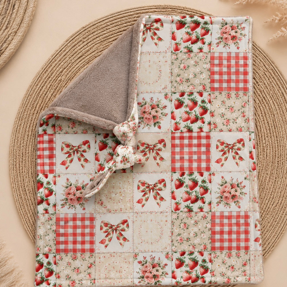 Mini doudou «fraises vintage/ minky lisse Monk »