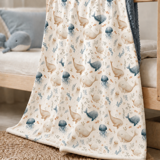 Bientôt en ligne 🌺 Couverture en Minky « Échos marins/ minky bulles denim »