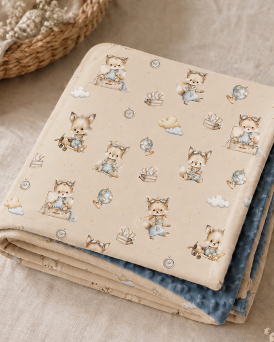 Couverture en Minky « renard globe-trotter/ minky bulle denim »