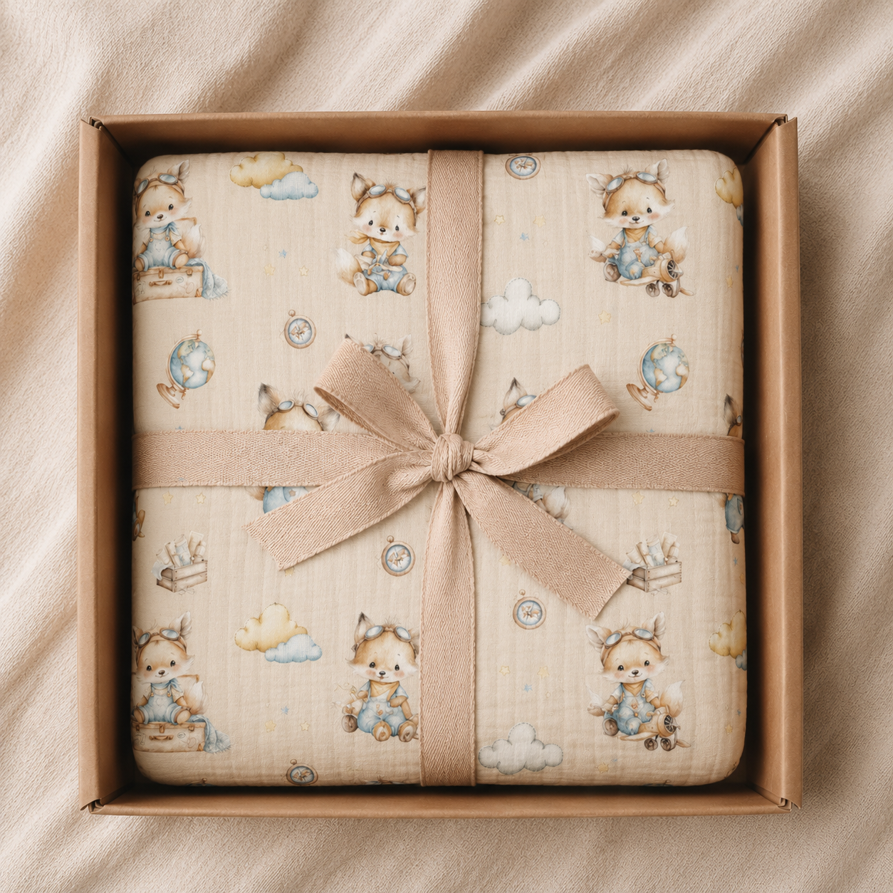 *Précommande*Mousseline en Bamboo « Renard globe-trotteur »