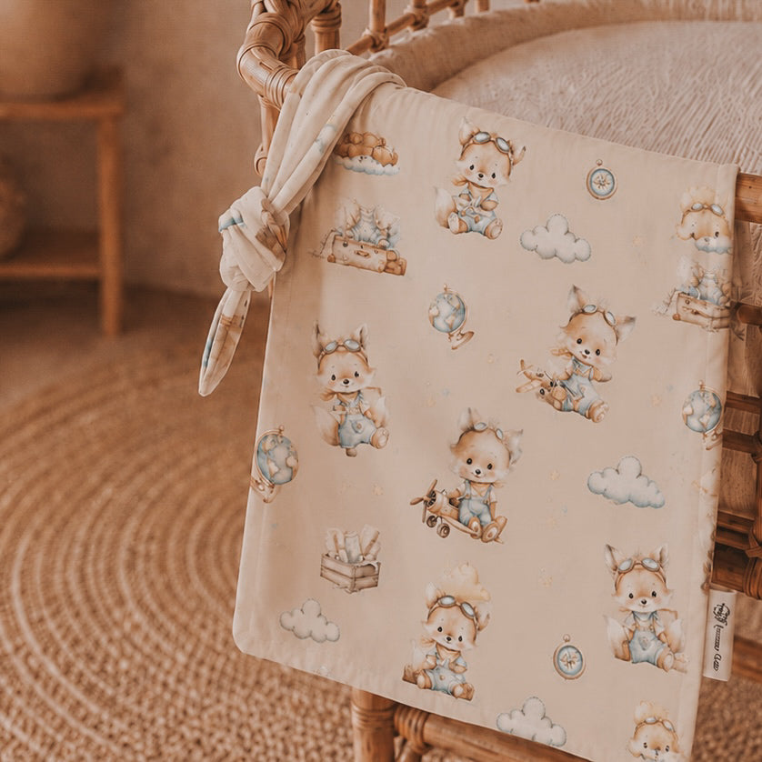 Mini doudou «Renards globe-trotter/ minky bulles denim »