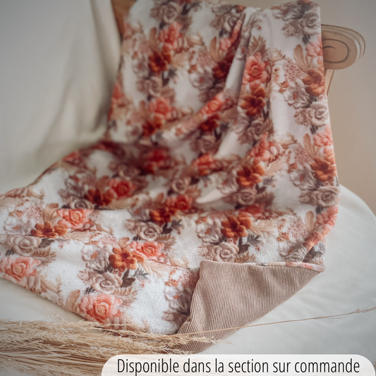 Couverture en Minky"Broderie vintage/velours taupe"